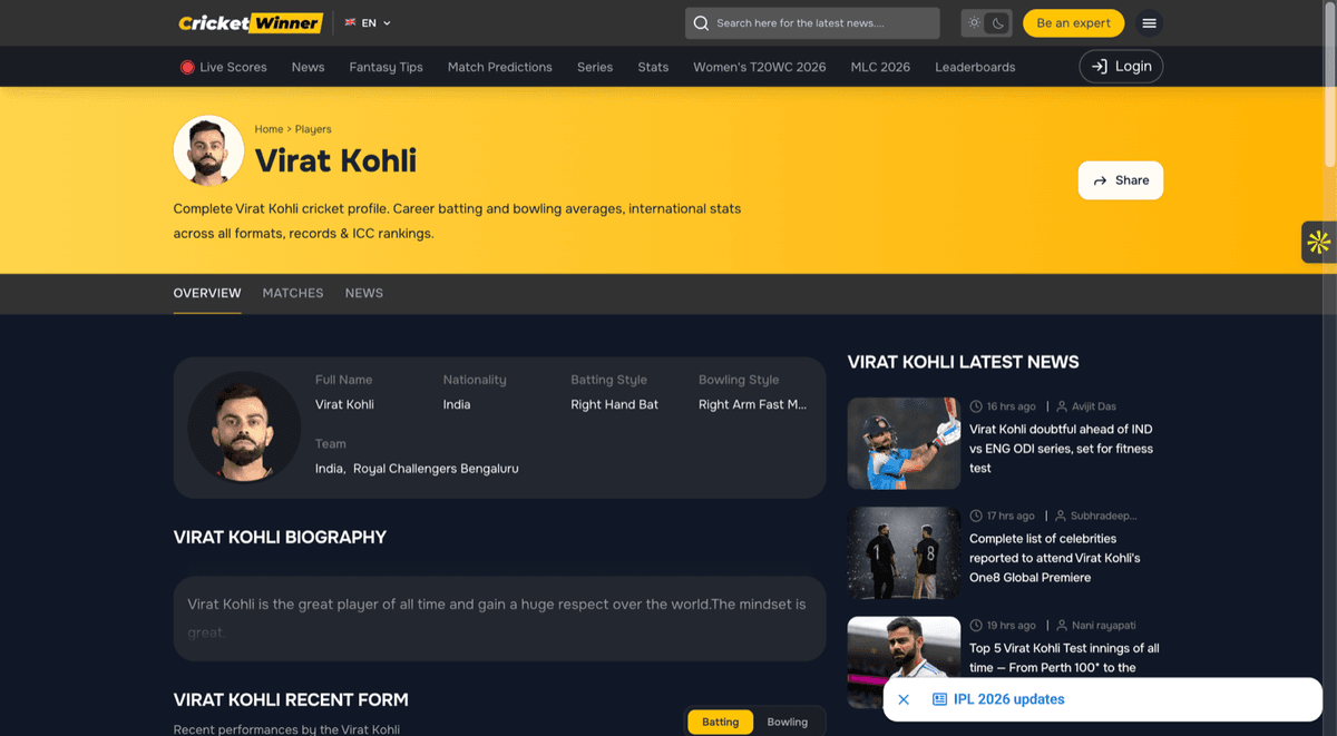 Cricket Winner — Player Profiles